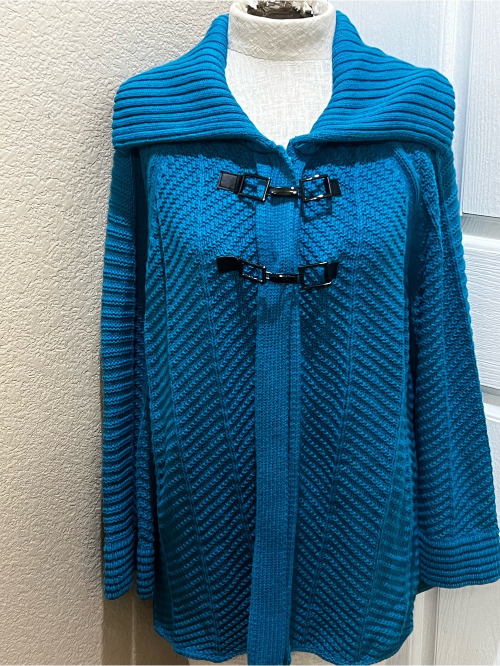 JM Collection Teal Textured Toggle Cardigan Sweater Shawl Collar Size L
